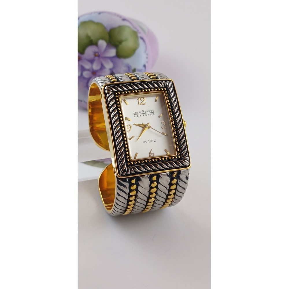 MINT Signed Vintage Joan Rivers Classics Two Tone Pebbled Metal Cuff Tank Watch